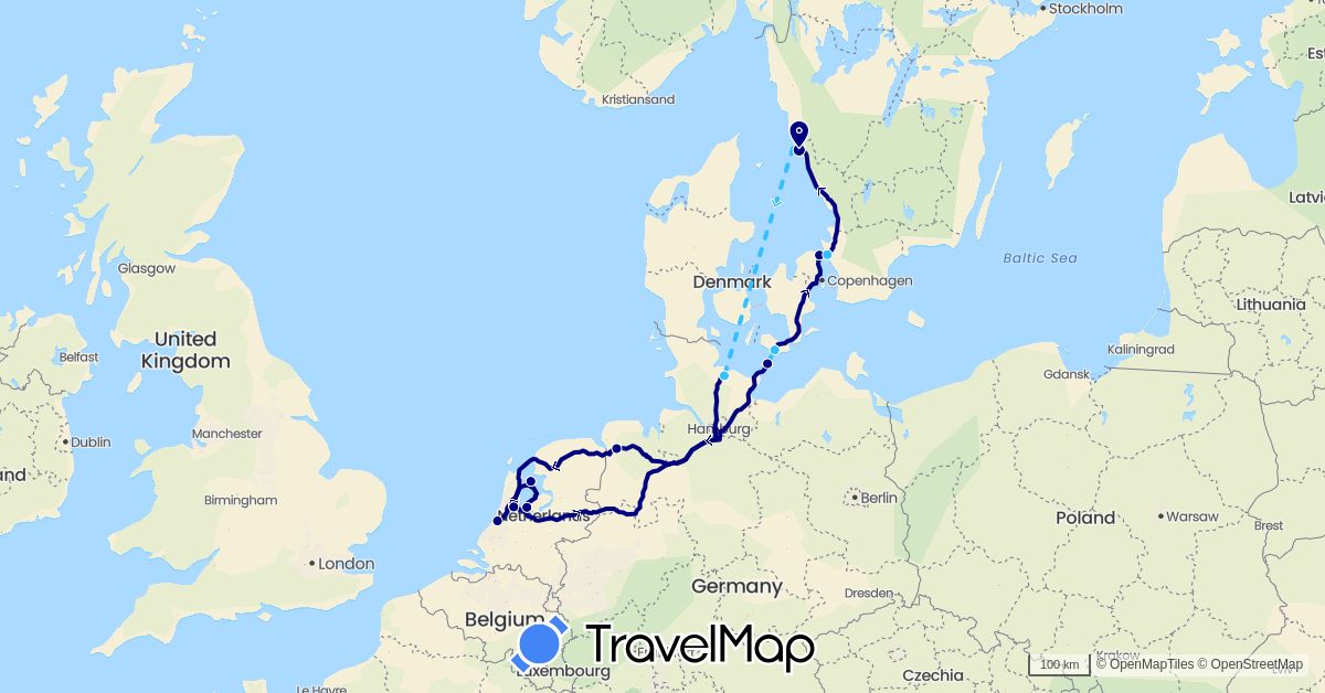 TravelMap itinerary: driving, boat in Germany, Denmark, Netherlands, Sweden (Europe)
